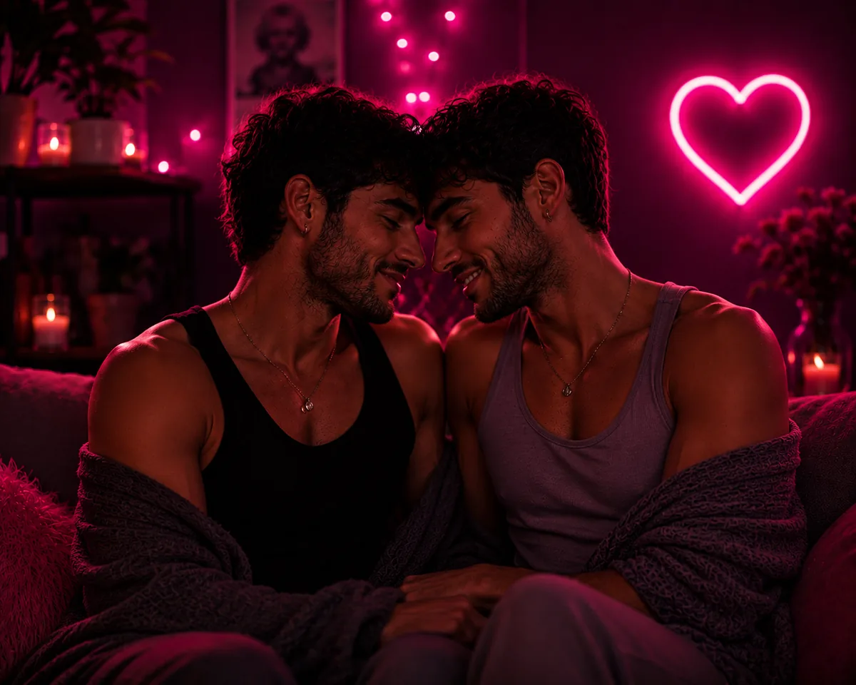 Pareja de dos hombres compartiendo un momento juntos en casa